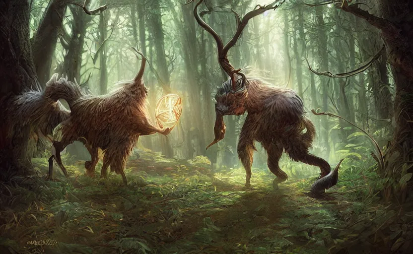 Image similar to A whimsical magical creature in a forest, beautiful, cool dynamic lighting, atmospheric, cinematic, highly detailed digital art, painted by Scott Musgrove