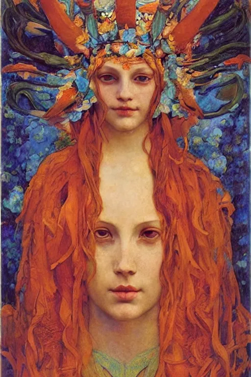 Image similar to queen of summer by Annie Swynnerton and Nicholas Roerich, strong dramatic cinematic lighting , ornate headdress , flowing robes, lost civilizations, smooth, sharp focus, extremely detailed