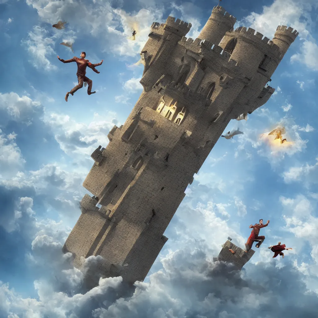 Image similar to full body of one man jumping from a castle in the air, digital art, 3 d