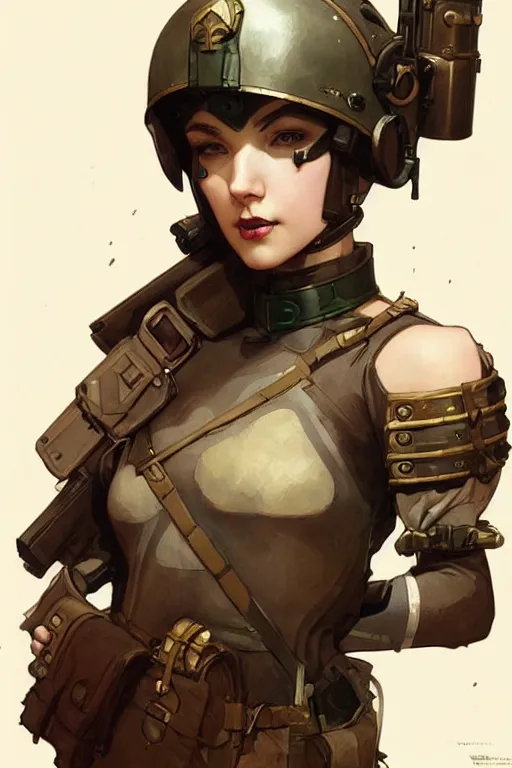 Image similar to dieselpunk soldier girl, helmet, shoulders, chest, portrait, armored, illustrations by wlop and alfons maria mucha and craig mullins and loish and rossdraws and artgerm