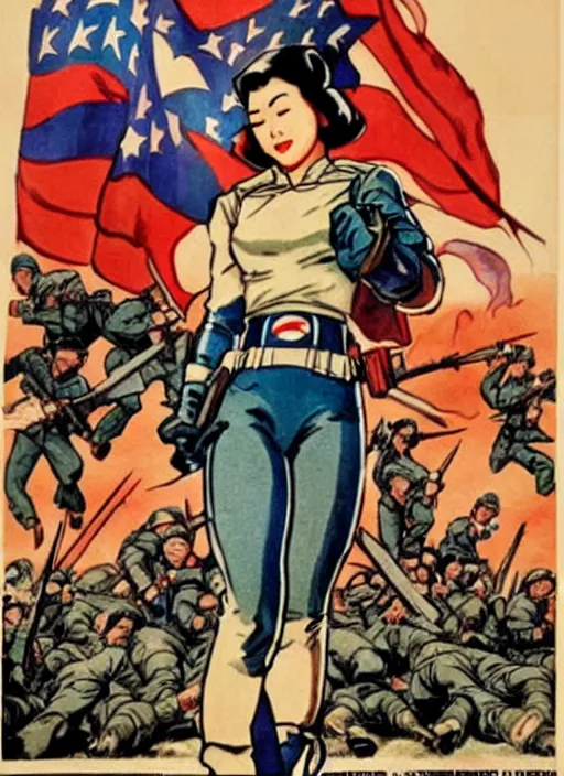 Prompt: beautiful asian female captain america standing on a pile of defeated, beaten and broken german soldiers. feminist captain america wins wwii. american wwii propaganda poster by james gurney. gorgeous face. overwatch. anime