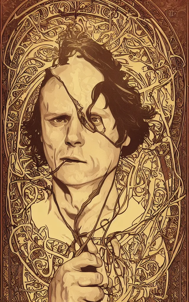 Prompt: Hannibal Lecter from NBCs Hannibal in portrait Alphonse Mucha art nouveau style, detailed high definition poster, photorealistic brutal artwork, featured on artstation, powerful, high definition, large file size, advertisement