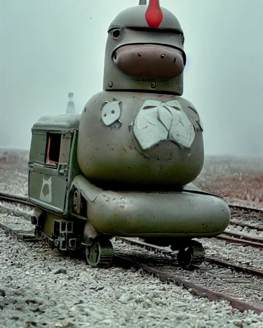 Prompt: giant oversized chubby bulky armored train penguin Dachshund mech, with big Dachshund head , rocket launcher , on a village , Cinematic focus, fujicolor photo, vintage, neutral colors, soft lights, foggy, panorama by by Serov Valentin, by lisa yuskavage, by Andrei Tarkovsky