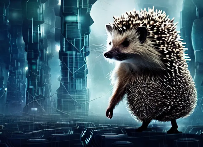 Image similar to portrait of a intricate hedgehog cyborg, on the background of a weird magical mechanical forest. Very detailed 8k. Fantasy cyberpunk horror. Sharp. Cinematic post-processing.