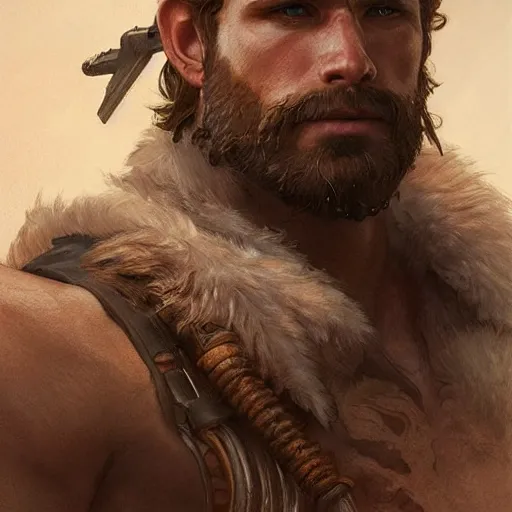 Image similar to portrait of a rugged ranger, muscular, upper body, hairy chest, D&D, fantasy, intricate, elegant, highly detailed, digital painting, artstation, concept art, matte, sharp focus, illustration, art by Artgerm and Greg Rutkowski and Alphonse Mucha