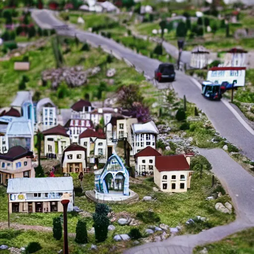 Prompt: forced perspective of a town that looks miniature with a large galloping horse destroying it.