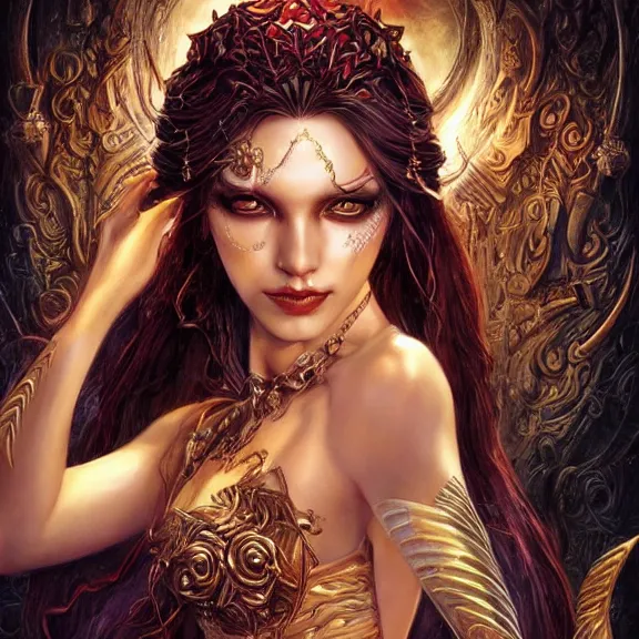 Image similar to a highly detailed painting of a sorceress with piercing beautiful eyes, mystical temple setting, dynamic lighting, ambient lighting, deviantart, art by artgerm and karol bak and mark brooks