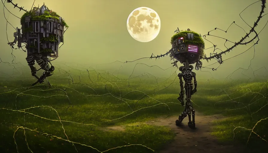 Image similar to a walking mechanical castle with legs, vines, forest, hyperrealistic, highly detailed, cinematic, single ray of moon, dark sky, beautiful, cgssociety, artstation, 8 k, oil painting