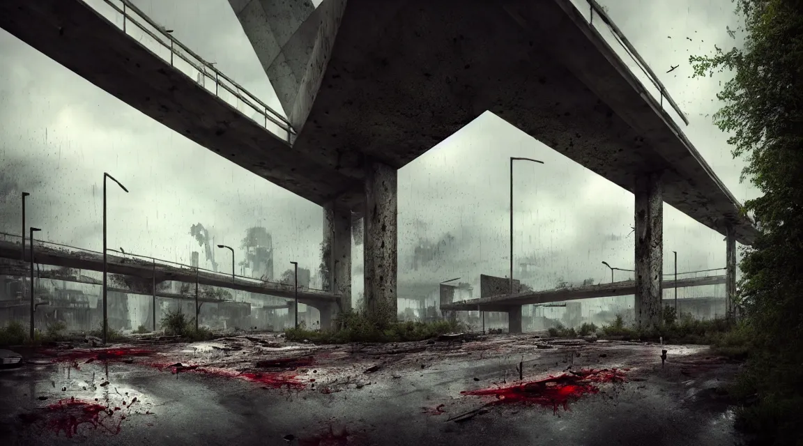 Image similar to post apocalyptic bridge, raining, building, avenue, modern contemporary urban americana concrete architecture, by pascal blanche, neil blevins, apocalyptic color palette, trending on artstation, photorealistic, wilderness ambiance, ultra detailed, high definition, depth of field, bokeh, rubble, wild vegetation, blood stains, building crumbling