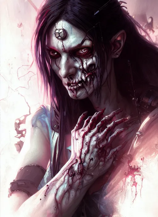 Image similar to cyberpunk zombie, deep focus, d & d, fantasy, intricate, elegant, highly detailed, digital painting, artstation, concept art, matte, sharp focus, illustration, hearthstone, art by artgerm and greg rutkowski and alphonse mucha