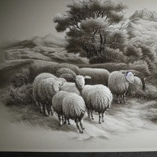 Image similar to 3 sheep, beautiful nature scene, intricate, hyper detailed