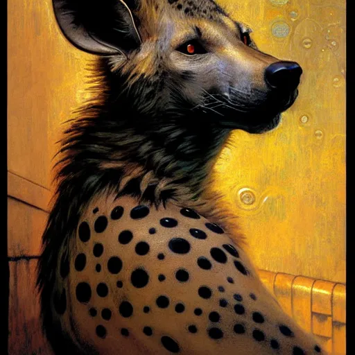 Image similar to portrait of a male hyena wolf wearing towel in front of a bath. shadowrun furaffiniy cyberpunk fantasy highly detailed painting by gaston bussiere craig mullins jc leyendecker gustav klimt artgerm greg rutkowski john berkey, bergey, craig mullins, ruan jia, raymond swanland, jeremy mann, tom lovell, alex malveda