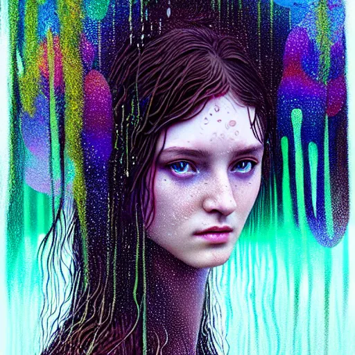 Image similar to girl finding freedom in psychedelic LSD rain with wet hair and face, fantasy, intricate, elegant, dramatic lighting, emotionally evoking symbolic metaphor, highly detailed, lifelike, photorealistic, digital painting, artstation, concept art, smooth, sharp focus, illustration, art by John Collier and Albert Aublet and Krenz Cushart and Artem Demura and Alphonse Mucha