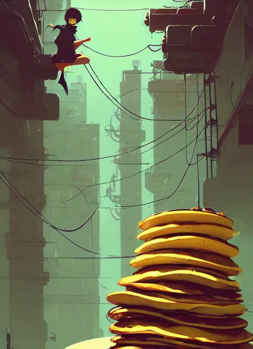 Prompt: highly detailed portrait of a huge stack of pancakes by atey ghailan, james gilleard, by joe fenton, by greg rutkowski, by greg tocchini, by kaethe butcher, 4 k resolution, gradient yellow, black, brown and cyan color scheme, grunge aesthetic!!! ( ( dystopian graffiti tag wall in background ) )