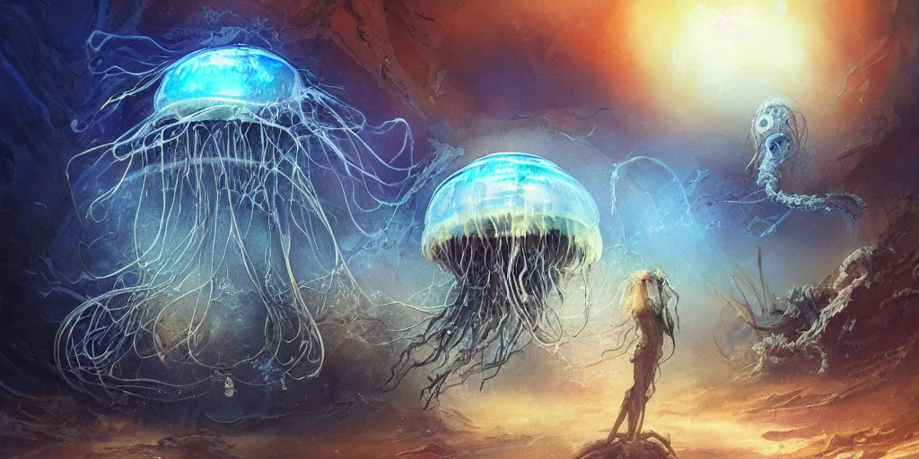 Prompt: concept art of giant translucent glowing jellyfish brain, lovecraftian divers helmet, lots of teeth, melting horror, round moon, rich clouds, fighting the horrors of the unknown, mirrors, very detailed, volumetric light, mist, grim, fine art, decaying, textured oil over canvas, epic fantasy art, very colorful, ornate, anato finnstark