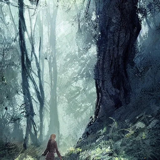 Image similar to portrait of emma watson walking in a forest, casual outfit, high detail, greg rutkowski