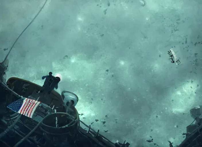 Image similar to astronaut underwater putting a flag in the sand of the bottom of the ocean. the remains of a submarine are visible in the distance. dark, concept art, cinematic, dramatic, atmospheric, 8 k, trending on artstation, low visibility, fog, ocean floor, christopher nolan, interstellar