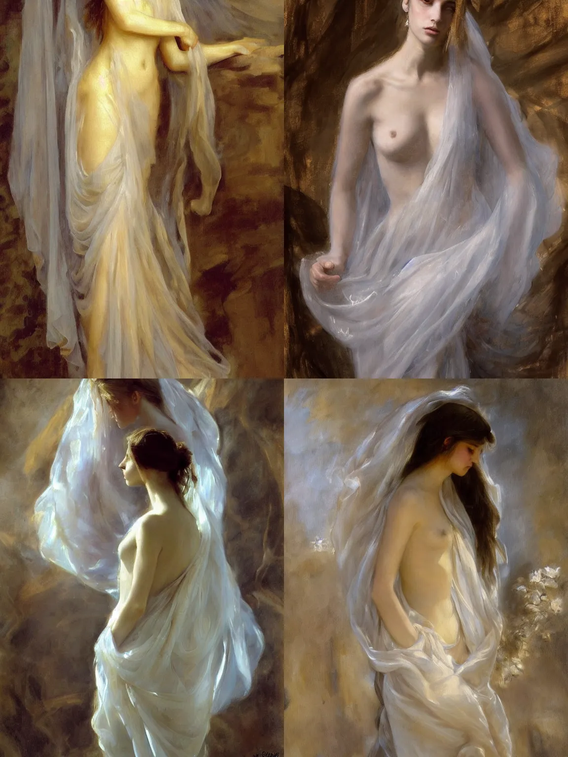 Prompt: loose painting of a sad fragile beautiful veiled girl covered in translucent flowing dress, endless flowing ethereal drapery, classical greece, alla prima, oil painting, by giovanni strazza, sargent and raffaelo monti, arranged in the golden ratio, epic composition, trending in artstation