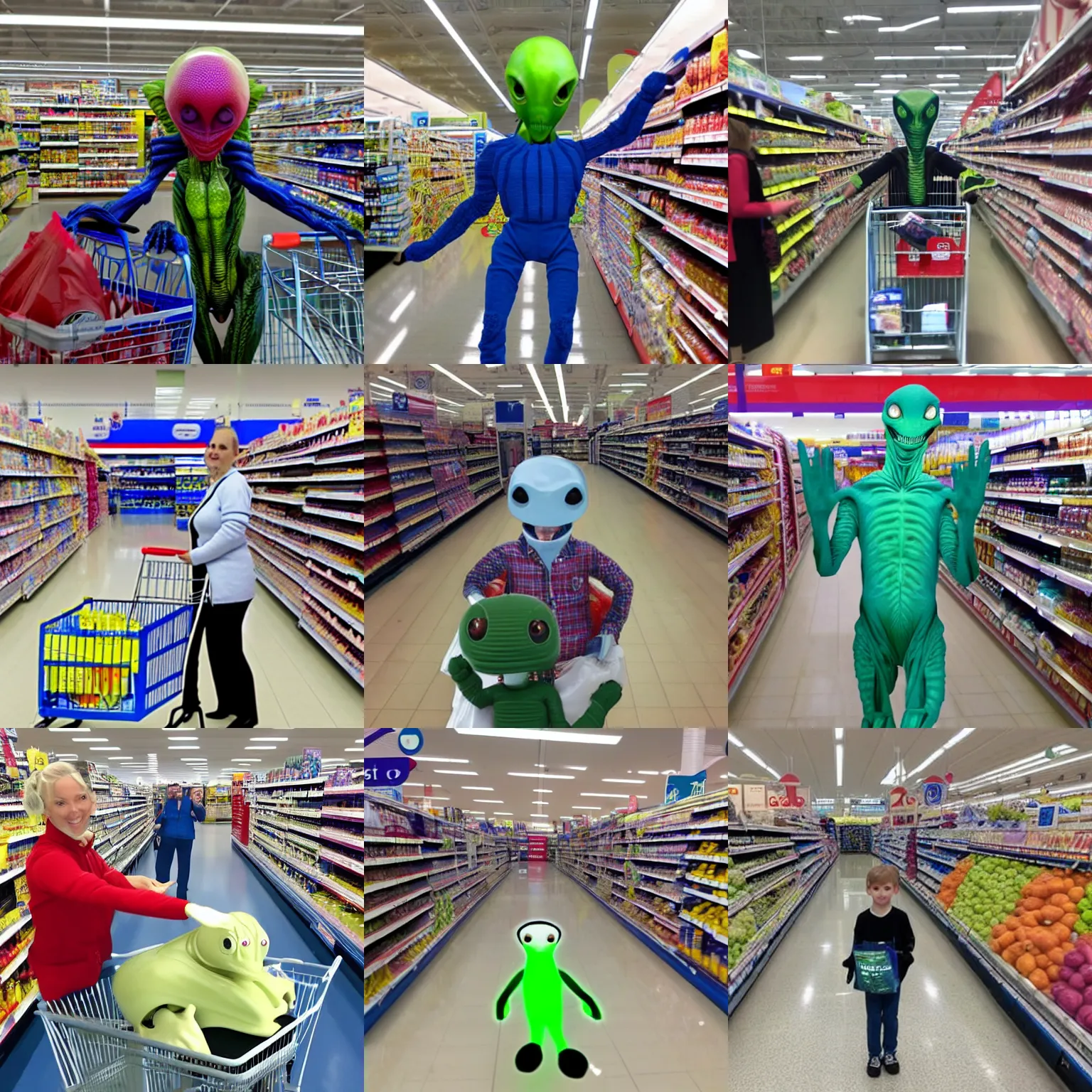 Prompt: alien in tescos doing the shopping