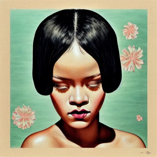 Image similar to “ rihanna portrait by ikenaga yasunari and ayana otake and ko rakusui, 6 0 s poster, drawing, realistic, sharp focus, japanese, dreamy, nostalgia, faded, golden hues, floral clothes, porcelain skin ”