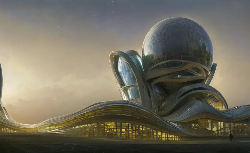 Image similar to exterior shot of utopian architecture transparent building with cinematic lighting by zaha hadid and renzo piano, darek zabrocki and greg ruthkowski, alphonse mucha, simon stalenhag, cinematic, stars, beautiful, holy place, paradise, scifi, futurism, atmospheric, concept art, artstation, trending on artstation