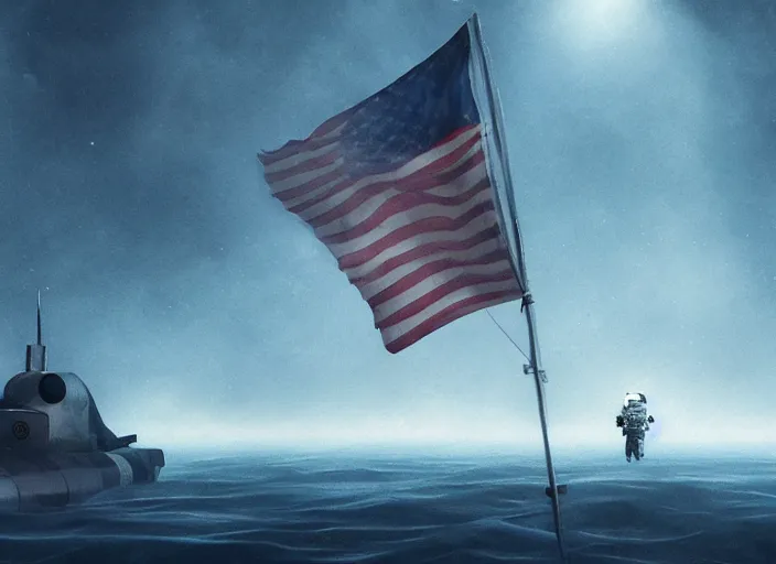 Image similar to astronaut holding a flag in an underwater desert. a submarine is visible in the distance. dark, concept art, cinematic, dramatic, atmospheric, 8 k, trending on artstation, blue, fish, low visibility, fog, ocean floor, christopher nolan, interstellar