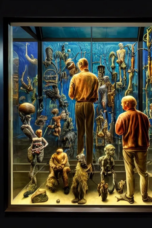 Prompt: a hyperrealistic detailed painting of a museum of glass displays with oddities, cinematic lighting, depth perspective, depth of field, cinematic angle, by chris cunningham and richard corben, highly detailed, vivid color,