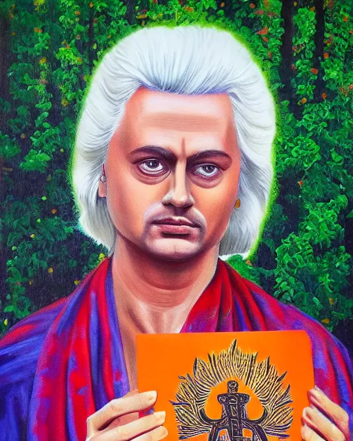 Prompt: geert wilders realistic face, mudra sitting cross - legged, trees background, raising arm, breathtaking, colourful, detailed, painting, hindu art