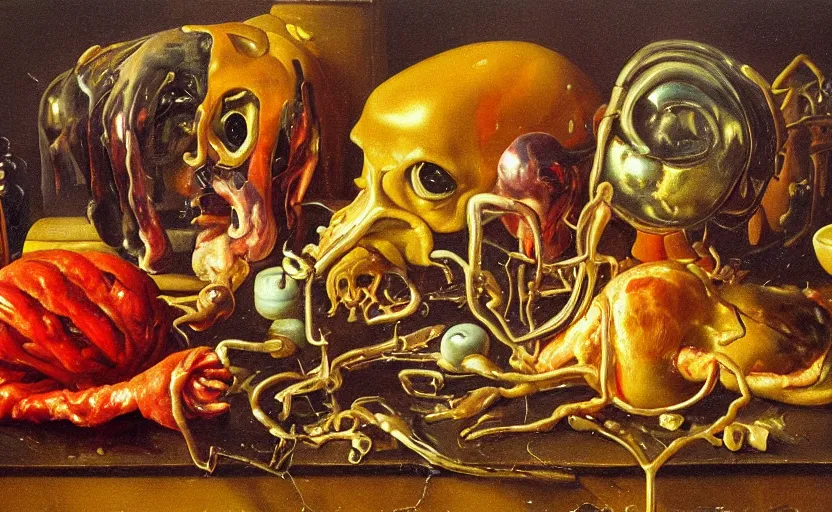 Prompt: disturbing colorful oil painting dutch golden age vanitas still life sparse composition with bizarre objects strange gooey transparent surfaces shiny metal reflections bizarre mutant meat insects rachel ruysch dali todd schorr very detailed perfect composition rule of thirds masterpiece canon 5 0 mm, cinematic lighting, photography, retro, film, kodachrome