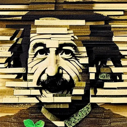 Image similar to portrait of albert einstein made of avocado slices, beautiful photo, arranged on a wooden table