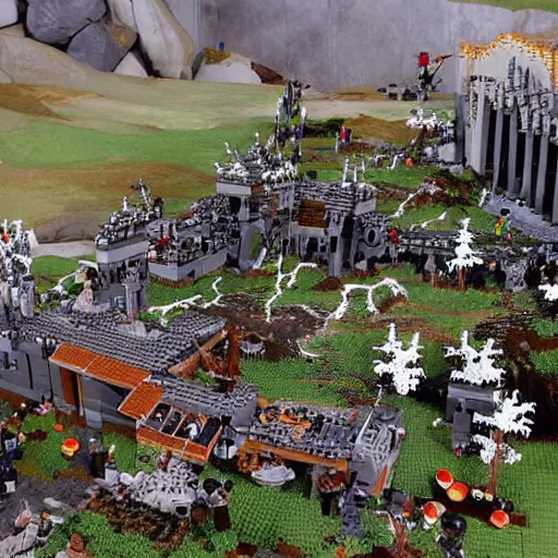 lego diorama of the battle of Pelennor Fields in front Stable