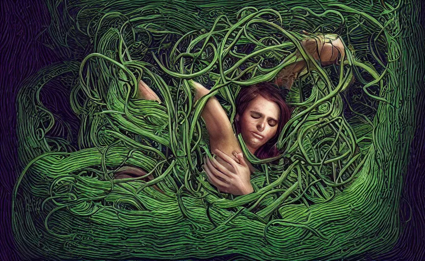 Image similar to a person trapped in the fetal position inside of extremely thick vines intertwined, central circular composition, high saturation, epic lighting, in the style of Peter gric and Hannah yata 8k