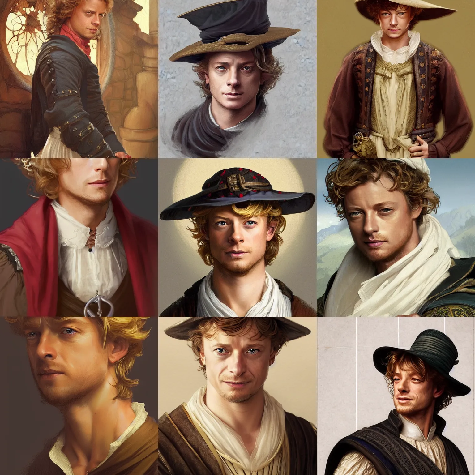 Prompt: a young man wearing 16th century clothes, sly expression, blonde, young simon baker, headshot, D&D, fantasy, portrait, highly detailed, digital painting, artstation, concept art, sharp focus, illustration, art by artgerm and greg rutkowski and alphonse mucha