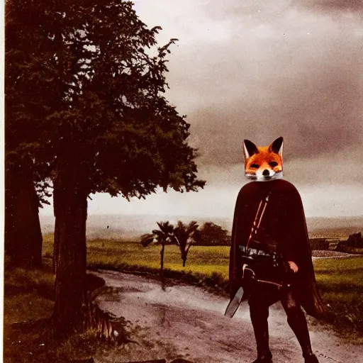 Image similar to anthropomorphic fox!! who is a medieval knight holding a swo - rd towards a stormy thunderclo - ud [ 1 9 3 0 s film still ], ( castle in the background )