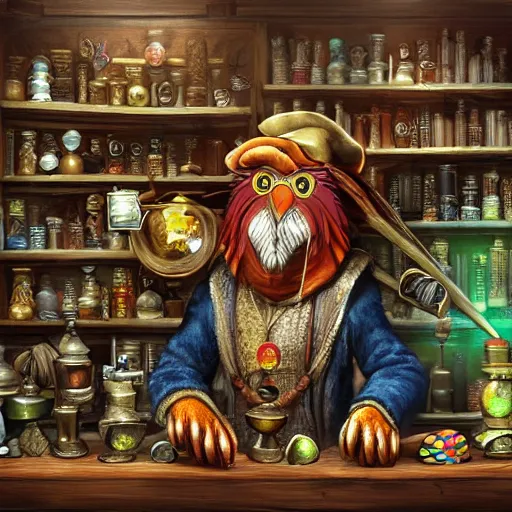 Prompt: Anthropomorphized parrot trader in his shop, shelves full, selling a gem, portrait, items, magic potions, fancy hat, sly expression , cunning expression, cute expression, presenting magic gem, D&D, fantasy, cinematic lighting, highly detailed, digital painting, artstation, concept art, smooth, sharp focus, illustration, warm light, cozy warm tint, magic the gathering artwork, volumetric lighting, 8k, no gold, no gold colours, art by Akihiko Yoshida, Greg Rutkowski