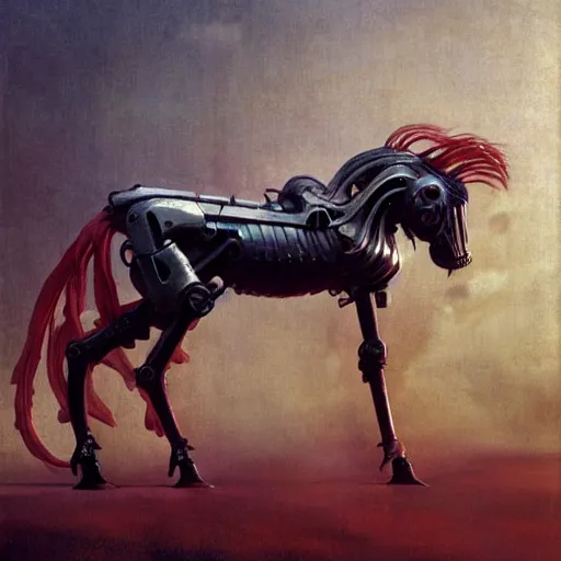 Image similar to carnivorous cyborg horse, by c. leyendecker, degas, simon stalenhag, studio ghibli, barlowe, audobon and beksinski