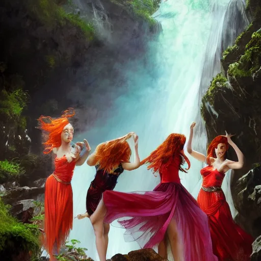 Prompt: an extremely detailed portrait of four polyamorous red haired vampire queens wearing bright multi colored dresses and dancing in a cave behind a waterfall, epic fantasy, viewed in profile from far away, sharp focus, detailed face, art by greg rutkowski and alphonse mucha, volumetric lighting, 4 k resolution, trending on artstation, masterpiece