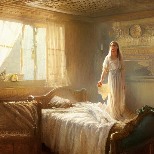 Image similar to portrait of girl in linen clothing falling from the room ceiling into a bed, fantasy character portrait, ultra realistic, concept art, intricate details, highly detailed by greg rutkowski, gaston bussiere, craig mullins, in style of alphonso mucha