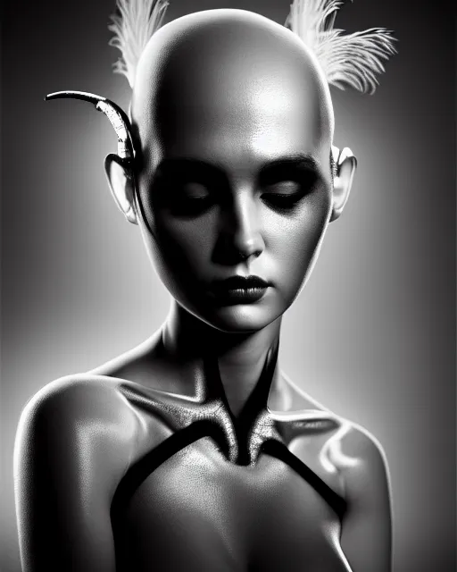 Prompt: surreal mythical dreamy dark artistic black and white fine art 3 / 4 portrait photo of a young delicate female mutant - cyborg with long pale feathers, rim light, cinematic, studio dramatic light, poetic, octane render, 8 k, photo - realistic