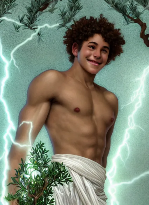 Image similar to portrait of teenage zeus, greek, short curly copper hair, smiling mischievously, wearing a white sash, olive tree, intricate, elegant, lightning bolt, glowing lights, highly detailed, digital painting, artstation, concept art, smooth, sharp focus, mist, volumetric lighting, illustration, art by wlop, mucha, artgerm, and greg rutkowski