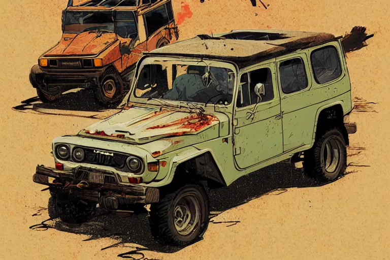 Image similar to digital illustration of mad max's fj 4 0 decrepit pursuit special, rusty nissan fj cruiser 1 9 8 0 s, the last v 8 interceptor by makoto shinkai, ilya kuvshinov, lois van baarle, rossdraws, basquiat