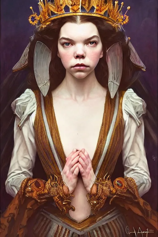 Image similar to queen's gambit!!, beth harmon!! anya taylor - joy!! perfect face!!, fantasy, intricate, elegant, highly detailed, photorealistic, artstation, concept art, smooth, sharp focus, art by john collier and albert aublet and krenz cushart and artem demura and alphonse mucha