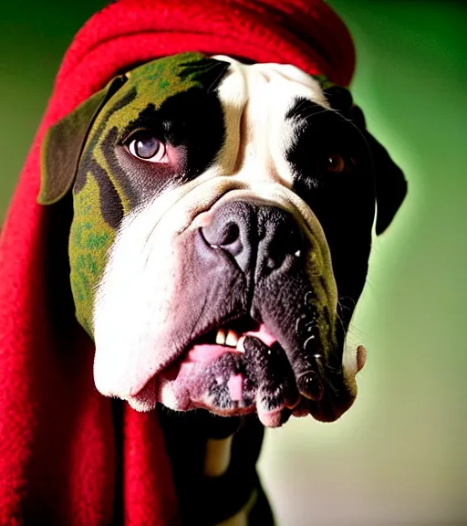 Prompt: portrait of american bulldog as afghan girl, green eyes and red scarf looking intently, photograph by steve mccurry