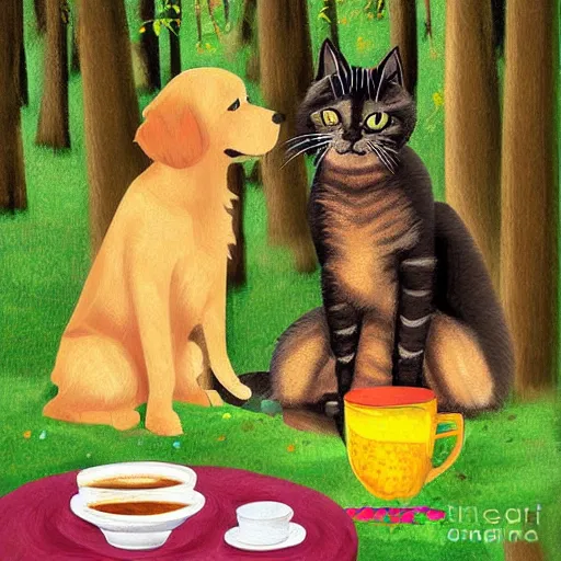 Prompt: digital art painting, golden retriever and a black kitty having a tea party in the forest