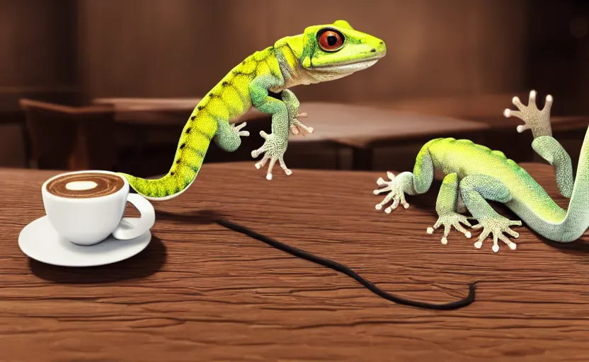 Image similar to a cute gecko with headphones in a cafe sitting in front of a table with a coffee, digital painting, masterpiece, digital art, concept art, octane render, unreal engine 5, trending on deviantart, highly detailed, high quality, 8 k, cartoon, high coherence, realistic, anatomically correct, five fingers, relaxing, realistic and detailed face, beautiful, elegant