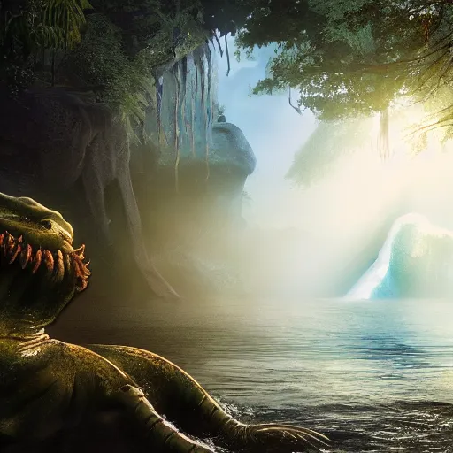 Image similar to photorealistic fantasy concept art of a sea monster swimming near a waterfall foggy forest, dynamic lighting, cinematic, ray tracing, sun rays, majestic