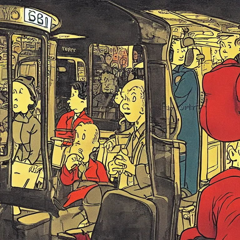 Image similar to some people waiting in bus stop in quiet dark city night, detailed, high quality, high resolution, color illustration by herge in tintin flight 714