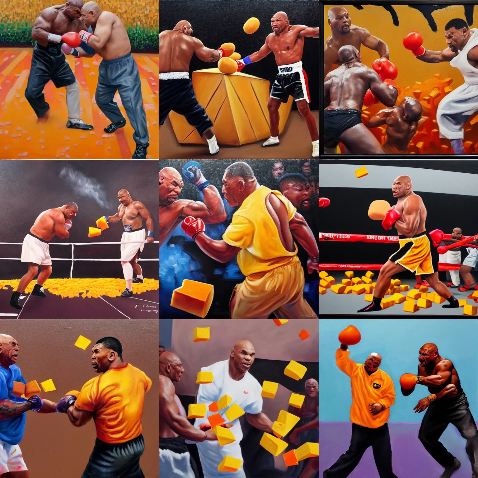 Prompt: Mike Tyson throwing very large blocks of cheddar at people, 8k, hyperrealistic painting, cinematic