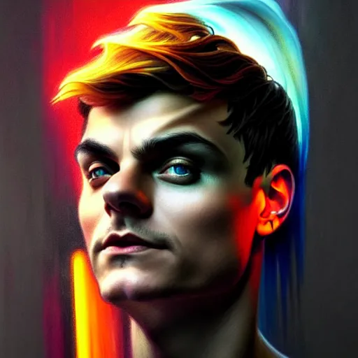 Prompt: Martin Garrix , colorful painting on grey scale face, powerful , magic, thunders, dramatic lighting, intricate, wild, highly detailed, digital painting, artstation, concept art, smooth, sharp focus, illustration, art by artgerm and greg rutkowski and alphonse mucha, footage