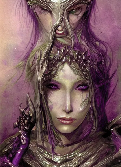 Image similar to portrait of young female sorceress of the endtimes, transluscent skin, silver filigreed armor, lavender hair, beautiful! coherent! dungeons and dragons character, by brian froud, strong line, cool night color, high contrast